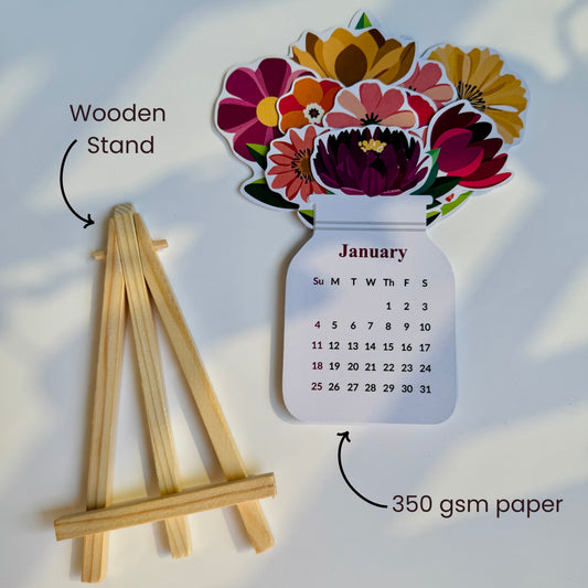 2026 Floral Calendar with Wooden Stand – Minimal & Aesthetic Office Decor