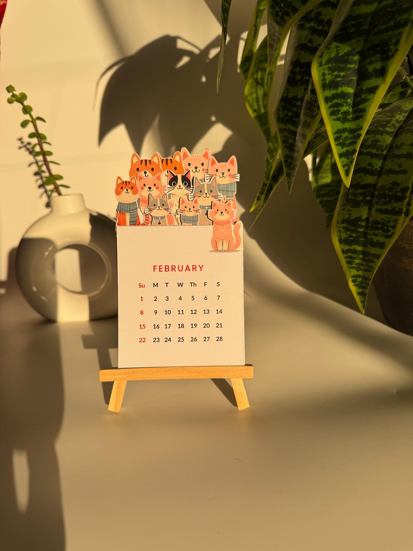 2026 Cat Calendar with Wooden Stand – Minimal & Aesthetic Office Decor