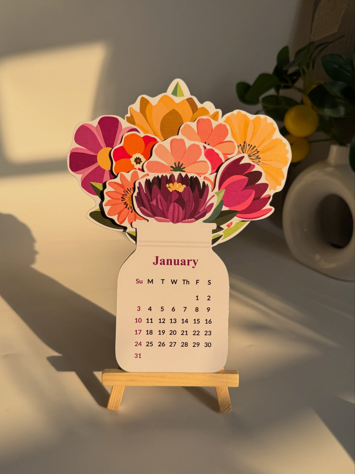 2027 Floral Calendar with Wooden Stand – Minimal & Aesthetic Office Decor