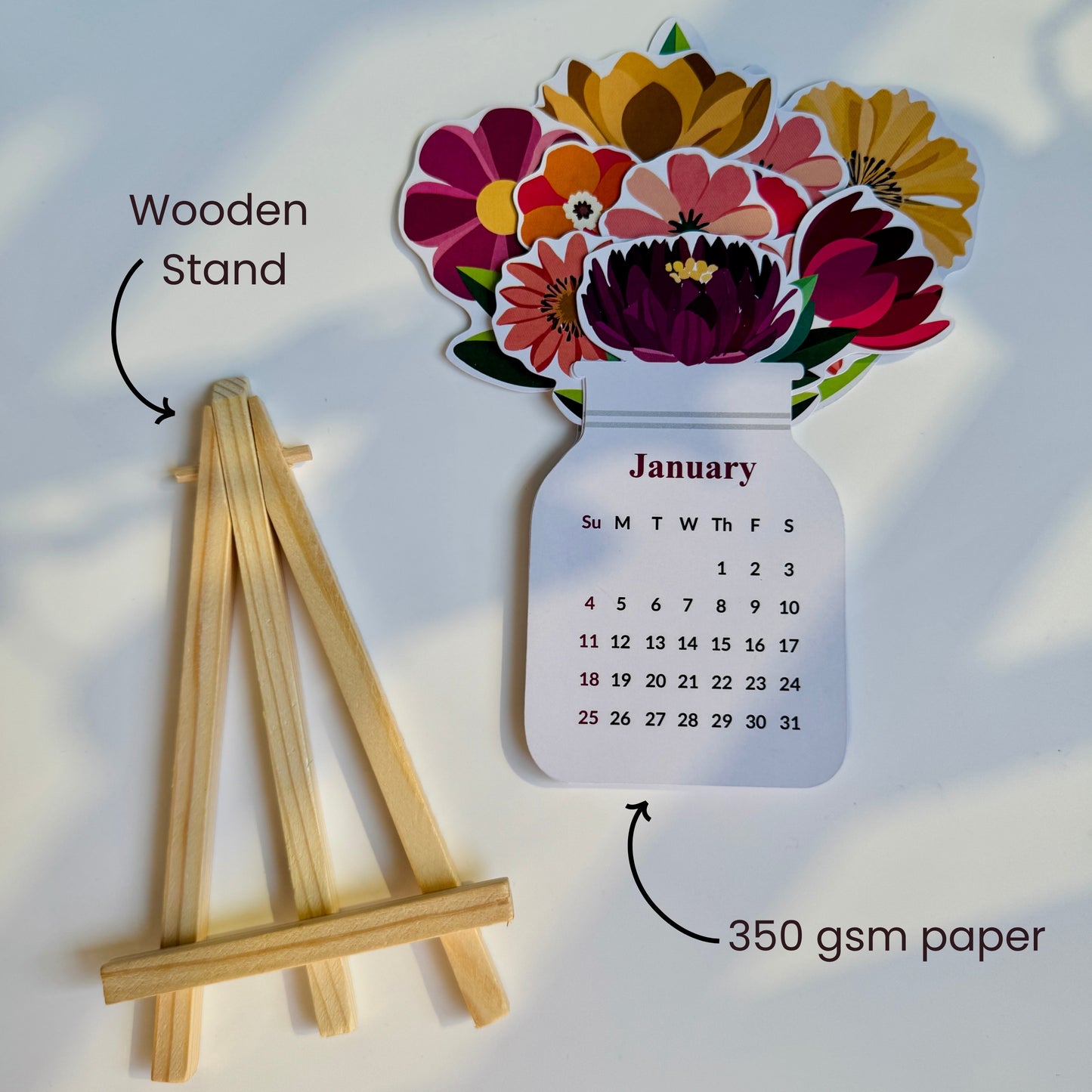 2026 Floral Calendar with Wooden Stand – Minimal & Aesthetic Office Decor