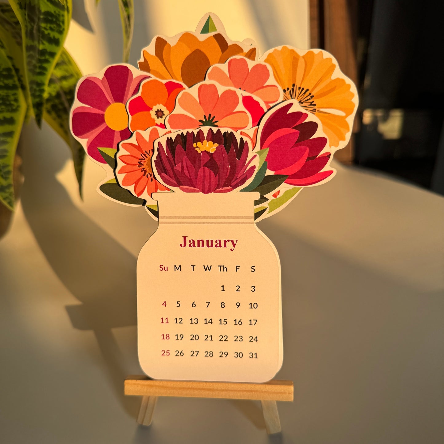 2026 Floral Calendar with Wooden Stand – Minimal & Aesthetic Office Decor