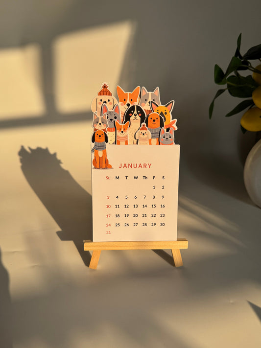 2027 Dog Calendar with Wooden Stand – Minimal & Aesthetic Office Decor