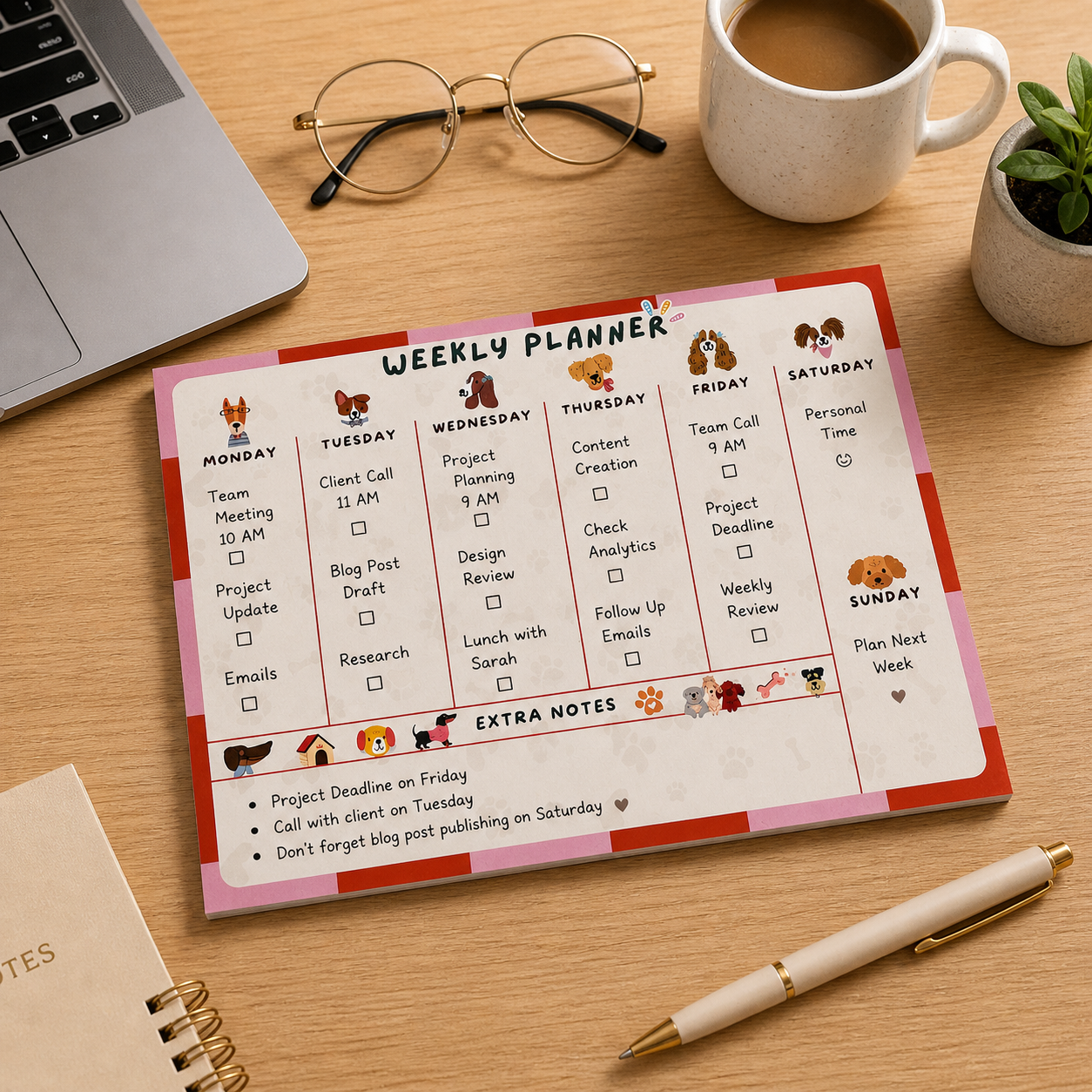 Dog Themed Weekly Planner Pad | Magnetic Fridge Planner | Gift for Pet Lovers