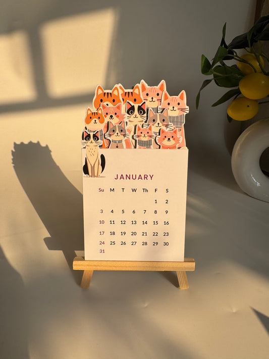 2027 Cat Calendar with Wooden Stand – Minimal & Aesthetic Office Decor