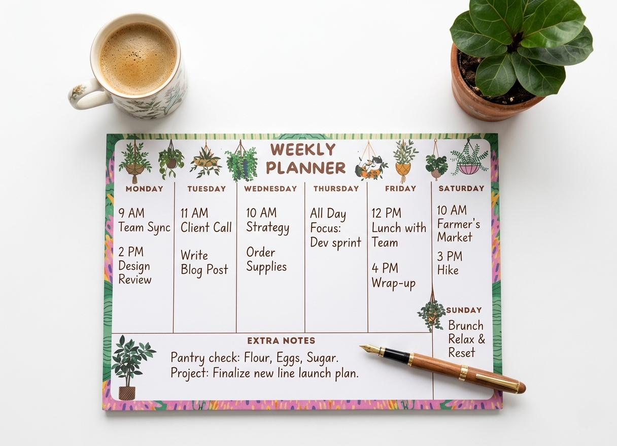 Weekly Planner Pad, Magnetic Fridge Organizer, A5 Botanical Desk Notepad