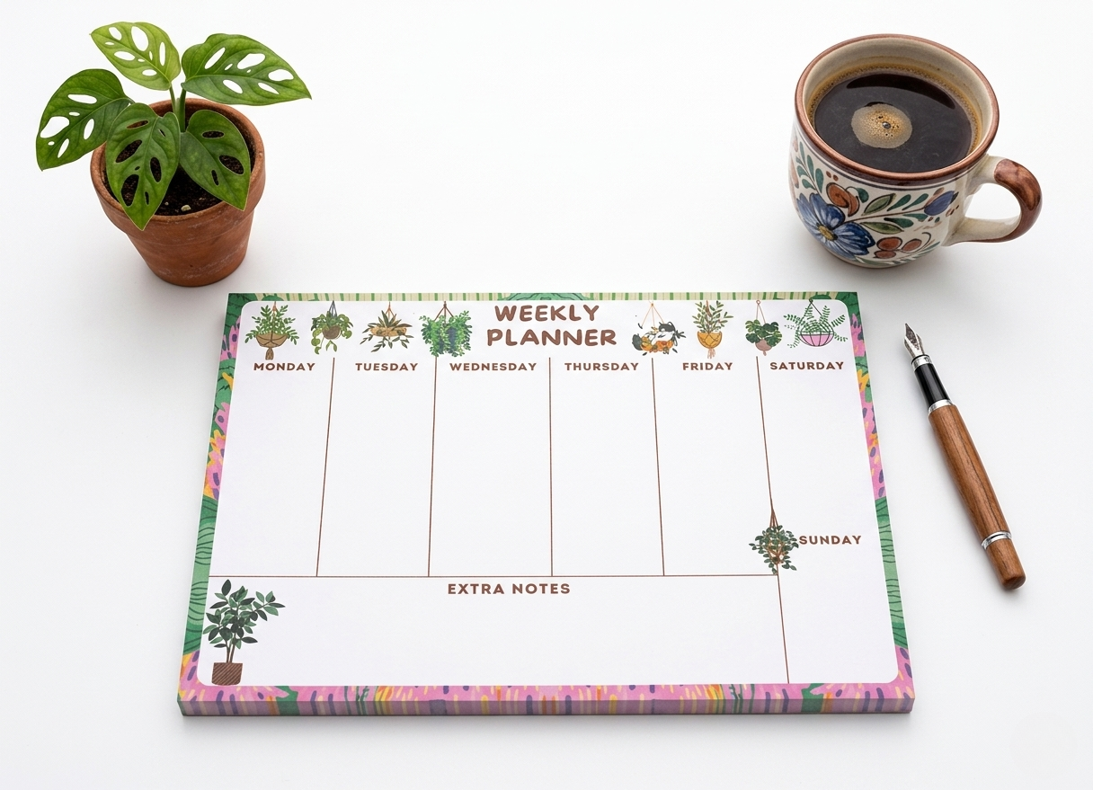 Weekly Planner Pad, Magnetic Fridge Organizer, A5 Botanical Desk Notepad