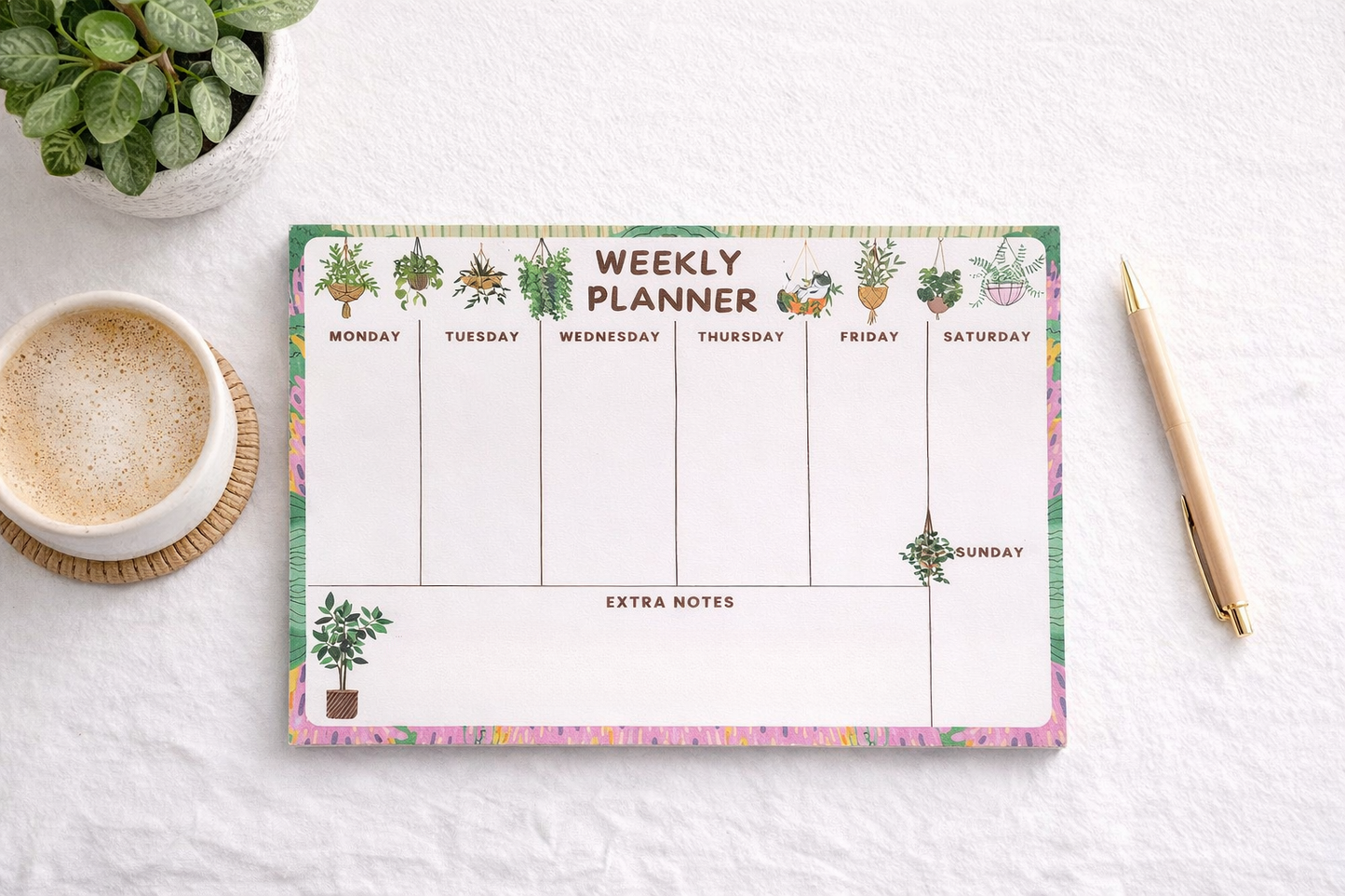 Weekly Planner Pad, Magnetic Fridge Organizer, A5 Botanical Desk Notepad