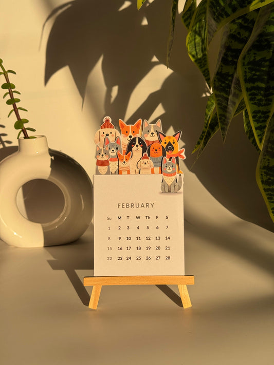 2026 Dog Calendar with Wooden Stand – Minimal & Aesthetic Office Decor