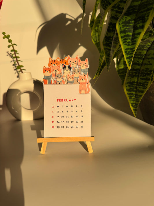 2026 Cat Calendar with Wooden Stand – Minimal & Aesthetic Office Decor
