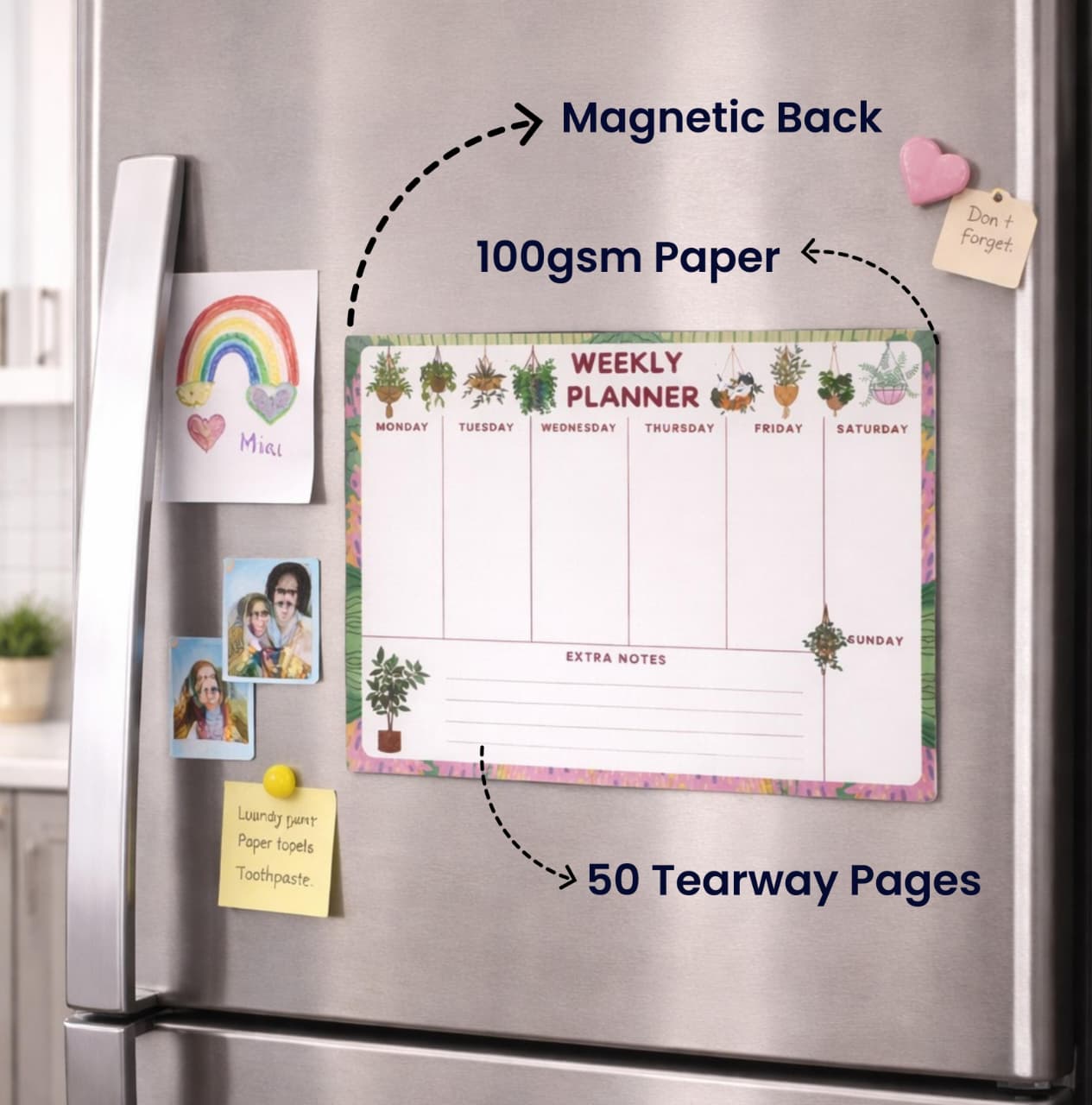 Weekly Planner Pad, Magnetic Fridge Organizer, A5 Botanical Desk Notepad